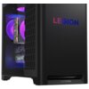 Czarny komputer stacjonarny z podświetleniem RGB wewnątrz obudowy, z widocznym napisem "LEGION" na przednim panelu oraz "Lenovo" na dolnej części. Wewnątrz obudowy znajduje się karta graficzna z napisem "GEFORCE RTX".