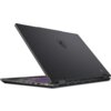 Na zdjęciu widoczny jest laptop z otwartą pokrywą, na której znajduje się logo producenta. Obudowa jest w ciemnym kolorze, a klawiatura podświetlona na fioletowo; widoczne są także porty po bokach urządzenia.