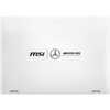 Biała pokrywa laptopa z widocznymi logotypami: "msi", logo Mercedesa oraz "AMG MOTORSPORT". Pokrywa ma prosty, elegancki design z dwoma zawiasami na dole.
