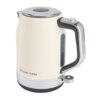 Kremowy czajnik elektryczny z metalicznymi elementami, posiada czarny uchwyt i przezroczysty wskaźnik poziomu wody. Na powierzchni widoczne jest logo "Russell Hobbs".