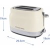 Jasny toster z dwoma szczelinami na pieczywo, z widocznym logo "Russell Hobbs" na boku. Obok urządzenia znajdują się wymiary: 19 cm wysokości, 29,3 cm długości i 18 cm szerokości.