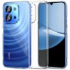 Przezroczyste etui TECH-PROTECT FlexAir do Xiaomi Redmi 15C (171mm) jest pokazane na tle telefonu z niebieskim tyłem, na którym widnieje napis "Redmi 15C". Etui jest cienkie i dopasowane, a na zdjęciu widać również wycięcia na aparaty i przyciski.