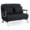Czarna, rozkładana sofa dwuosobowa z metalowymi podłokietnikami i nogami, wyposażona w dwa poduszki. Produkt ma prosty, nowoczesny design.
