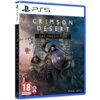 Okładka gry "Crimson Desert Day One Edition" na PS5 przedstawia trzech postaci w zbrojach, z mieczem i tarczą, na tle fantastycznego krajobrazu. Widoczne są napisy: "CRIMSON DESERT", "DAY ONE EDITION", "PEARL ABYSS", oraz oznaczenie wiekowe 18+ z informac