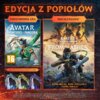 Okładka gry "Avatar: Frontiers of Pandora From The Ashes Edition (Z popiołów) Gra PS5" przedstawia dwie grafiki: po lewej stronie postać na latającym stworzeniu z napisem "Podstawowa gra", a po prawej postać z bronią z napisem "Rozszerzenie". Widoczny jes