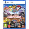 Okładka gry na PS5 zatytułowanej "Psi Patrol Rescue Wheels: Championship" przedstawia kolorowe postacie z animacji oraz pojazdy wyścigowe na torze. Widoczne są logotypy "nickelodeon" i "OG Outright Games", a także oznaczenie wiekowe "3" oraz napis "WITH T