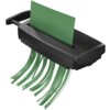 Czarna niszczarka z funkcją automatycznego startu i stopu oraz funkcją cofania, tnie zielony papier na paski. Produkt oznaczony jako "Niszczarka HAMA Classic S60 Shredder P-2".