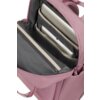 Różowy plecak z otwartą komorą, w której znajdują się dwa urządzenia elektroniczne, prawdopodobnie laptopy, umieszczone w dedykowanych kieszeniach. Wnętrze plecaka jest wyściełane szarym materiałem z subtelnym wzorem i widocznym napisem "AMERICAN TOURISTER".