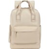 Beżowy plecak z prostokątną kieszenią z przodu i uchwytami do noszenia, z widocznym logo "AMERICAN TOURISTER" na górnej części. Plecak ma gładką teksturę i jest wyposażony w regulowane szelki.