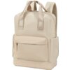 Beżowy plecak z materiału, z przednią kieszenią zapinaną na zamek i dwoma uchwytami na górze. Na plecaku widoczne jest logo "AMERICAN TOURISTER".