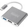 Na zdjęciu znajduje się szary hub z trzema portami: USB, HDMI i USB-C, z widocznym logo "zenwire" na obudowie. Hub jest połączony z krótkim kablem zakończonym wtykiem USB Typu C.