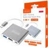 Na zdjęciu znajduje się szary hub USB-C z trzema portami, obok którego widoczne jest opakowanie z napisem "zenwire USB-C Docking Station Hub Space Gray 3 IN 1 BYL-2008N". Na opakowaniu znajdują się dodatkowe informacje: "HDMI / USB 3.0 / USB-C Power Deliv