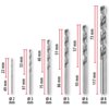 Na zdjęciu znajduje się zestaw sześciu wierteł o różnych długościach i średnicach, z oznaczeniami: Ø 2 mm (22 mm), Ø 3 mm (33 mm), Ø 4 mm (40 mm), Ø 5 mm (51 mm), Ø 6 mm (57 mm), Ø 8 mm (73 mm). Każde wiertło ma podaną długość całkowitą: 49 mm, 61 mm, 75 mm, 86 mm, 93 mm, 117 mm.