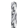 Zbliżenie na metalowe wiertło o spiralnym kształcie, z widocznymi refleksami światła na jego powierzchni. Wiertło ma gładką, błyszczącą teksturę.