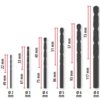 Na zdjęciu znajduje się sześć wierteł o różnych długościach i średnicach, z oznaczeniami: Ø 2 mm (49 mm), Ø 3 mm (61 mm), Ø 4 mm (75 mm), Ø 5 mm (86 mm), Ø 6 mm (93 mm), Ø 8 mm (117 mm). Każde wiertło ma przypisaną długość całkowitą oraz długość części roboczej, przedstawioną za pomocą czerwonych linii.