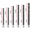 Na zdjęciu znajduje się sześć wierteł o różnych długościach i średnicach, z oznaczeniami: 43 mm Ø 4,2 mm, 45 mm Ø 4,5 mm, 51 mm Ø 5 mm, 54 mm Ø 5,5 mm, 57 mm Ø 6 mm, 61 mm Ø 6,5 mm. Każde wiertło ma przypisaną długość całkowitą: 75 mm, 80 mm, 86 mm, 93 mm, 93 mm, 101 mm.