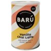 Puszka z napisem "BARÚ Surreally Good Treats" oraz "Vanilla Chai Latte with black tea & exotic spices" na tle w kolorach białym, pomarańczowym i żółtym. Widoczna jest także informacja "Vegan Recipe".