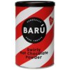 Cylindryczne opakowanie z czerwono-białymi, spiralnymi paskami zawiera napis "BARÚ Surreally Good Treats" w czarnym okręgu oraz "Swirly Hot Chocolate Powder" poniżej. Po prawej stronie widnieje czerwone serce z napisem "Vegan Recipe".