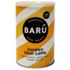 Puszka z napisem "BARÚ Surreally Good Treats" oraz "Golden Chai Latte with turmeric, black tea & exotic spices" na tle w żółto-białe pasy. Na opakowaniu znajduje się również czarne kółko z napisem "Vegan Recipe".