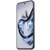 Przedstawiony jest smartfon z dużym wyświetlaczem, na którym widoczna jest abstrakcyjna grafika w odcieniach szarości i niebieskiego. Na bocznej krawędzi urządzenia znajduje się czerwony przycisk.