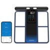 Waga łazienkowa RENPHO Morphoscan MSC01 z wyświetlaczem pokazującym wagę 182.2 lb oraz różne ikony i wskaźniki. Obok znajduje się smartfon z aplikacją pokazującą te same dane wagowe i dodatkowe informacje, takie jak procent tkanki tłuszczowej i masy mięśniowej.