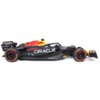 Zdalnie sterowany samochód wyścigowy w kolorach czarnym, czerwonym i żółtym z widocznymi logotypami "Red Bull", "Oracle", "Mobil 1", "Honda", "ROKIT", "BYBIT", "Pirelli" oraz "P Zero". Model ma aerodynamiczny kształt i szczegółowe oznaczenia sponsorów na karoserii.
