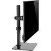 Na zdjęciu znajduje się uchwyt do monitora z pionowym ramieniem i prostokątną podstawą, do którego przymocowany jest monitor. Na boku monitora widoczne są dwa porty USB.