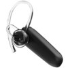 Czarna słuchawka Bluetooth z przezroczystym uchwytem na ucho, posiadająca okrągły głośnik z otworami. Produkt ma gładką, matową powierzchnię.