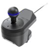 Czarny joystick z niebieskim podświetleniem na górze, zamontowany na podstawie z kilkoma widocznymi śrubami. Produkt ma nowoczesny design i jest przeznaczony do użytku z konsolą PS5 oraz komputerem PC.