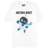 Biała koszulka z nadrukiem przedstawiającym postać robota w niebiesko-białych kolorach oraz tekstem "ASTRO BOT" powyżej. Wewnątrz kołnierzyka widoczny jest napis "ASTRO BOT".