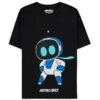 Czarna koszulka z nadrukiem postaci robota w białym i niebieskim stroju, z dużymi, niebieskimi oczami. Na dole koszulki widnieje napis "ASTRO BOT".