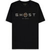 Czarna koszulka z nadrukiem "GHOST OF YŌTEI" na przodzie, gdzie litera "O" w słowie "GHOST" zawiera stylizowany symbol. Wewnątrz kołnierzyka znajduje się napis "GHOST" oraz informacja o rozmiarze "L".