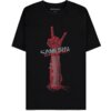 Czarna koszulka z czerwonym nadrukiem przedstawiającym rękę w geście rockowym, z napisem "SAMURAI" oraz "REUNION TOUR 2020". Poniżej znajdują się drobne napisy w kilku rzędach, a na kołnierzyku widnieje logo "Cyberpunk 2077".