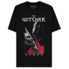 Czarna koszulka z nadrukiem przedstawiającym dwie twarze zwrócone ku sobie, z czerwonym tłem i białym napisem "The Witcher" powyżej. Na dole widoczne są symbole w białych obramowaniach.