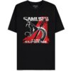 Czarna koszulka z nadrukiem przedstawiającym stylizowany napis "SAMURAI" oraz grafikę z otwartą paszczą i mieczem na czerwonym tle, poniżej napis "A LIKE SUPREME". W górnej części wewnętrznej strony kołnierza widnieje logo "Cyberpunk 2077".