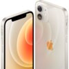 Na zdjęciu widoczny jest biały smartfon z wyświetlaczem o zaokrąglonych rogach, na którym widać abstrakcyjny wzór w odcieniach pomarańczowego i beżowego. Na tylnej obudowie znajduje się logo w kształcie nadgryzionego jabłka oraz dwa obiektywy aparatu fotograficznego.