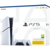 Białe opakowanie z logo "SONY" i "PS5" zawiera grafikę konsoli oraz dwóch kontrolerów. Na pudełku widnieją oznaczenia "1TB", "4K 120", "HDR" oraz symbol PEGI 7.