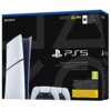 Czarne pudełko z białą konsolą i dwoma kontrolerami, z widocznym logo "SONY" oraz napisem "PS5" i "PlayStation 5 Digital Edition". Na opakowaniu znajdują się oznaczenia "825 GB", "4K 120", "HDR" oraz symbol PEGI 7.