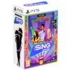 Pudełko gry "Let's Sing 2026 + 2 Mikrofony Gra PS5" z kolorową grafiką przedstawiającą trzy osoby śpiewające do mikrofonów, z listą artystów takich jak Billie Eilish, Selena Gomez i Ed Sheeran. Na opakowaniu widnieje informacja o dołączonych dwóch mikrofo