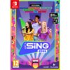 Okładka gry "Let's Sing 2026" na konsolę Nintendo Switch, z trzema osobami trzymającymi mikrofony, otoczona kolorowymi grafikami i wzorami. Widoczne są napisy: "Featuring Billie Eilish, Chappell Roan, Gracie Abrams, Selena Gomez, Lizzo, Shaboobey, Ed Sheeran and many more", "2 Mic Pack", "PEGI 12", oraz loga "voxler" i "PLAION".