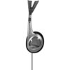 Srebrne słuchawki nauszne z widocznym logo "hama" na nausznicy oraz napisem "STEREO HEADPHONES" na pałąku. Słuchawki mają czarną poduszkę nauszników i czarny przewód.