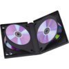 Otwarty czarny futerał na płyty DVD, mieszczący trzy płyty, z widocznymi kolorowymi refleksami na powierzchni płyt. Produkt to "Pudełko do płyt DVD HAMA 49685 (3 szt.)".