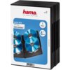 Na zdjęciu widoczne jest opakowanie produktu "Pudełko HAMA DVD Quad Box Jewel Case 51186 Czarny (5 szt.)" z logo "hama" i napisem "THE SMART SOLUTION". Opakowanie zawiera ilustrację czterech płyt DVD umieszczonych w czarnym pudełku oraz informacje: "5 Pieces / Stück" i "4 for/für DVDs".