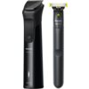 Na zdjęciu widoczne są dwa urządzenia do pielęgnacji marki Philips, jedno z napisem "All-in-One" i "Wet & Dry", a drugie z napisem "OneBlade". Oba urządzenia mają przyciski zasilania i są w kolorze czarnym.
