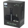 Czarny kartonowy zestaw z trymerem, na którym widnieje logo "PHILIPS" oraz napisy "All-in-One Trimmer", "9000 Prestige", "All-in-One 25 in 1 trimmer". Obok trymera znajdują się ikony przedstawiające twarz, głowę i tors, a także napis "1 year worth of OneBlade blades".