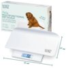 Biała waga dla zwierząt z wyświetlaczem pokazującym "350" g, z logo "Love Your Pet by Beurer" na powierzchni. W tle znajduje się opakowanie z napisem "Polly Multifunctional Pet Scale" oraz zdjęciem psa.