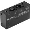 Czarny zasilacz Phantom MOZOS PS400 z widocznymi złączami MIC INPUT i MIC THRU oraz napisami: "mozos", "MicroPOWER PS400", "ULTRA-COMPACT PHANTOM POWER SUPPLY", "+12 V / +48 V PHANTOM VOLTAGE", "12 V", "ON". Na obudowie znajduje się zielona dioda sygnalizacyjna.