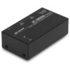 Czarny zasilacz z widocznymi napisami: "MOZOS", "MicroPOWER PS400", "ULTRA-COMPACT PHANTOM POWER SUPPLY", "12 V", "MIC INPUT", "MIC THRU", "PHANTOM VOLTAGE", oraz świecącą zieloną diodą obok napisu "ON".