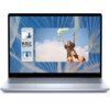 Laptop z otwartym ekranem, na którym wyświetlany jest obrazek przedstawiający dwie osoby z kolorowym dymem na tle nieba, a po lewej stronie widoczny jest panel z trzema miniaturami i tekstem "UP NEXT". Tło ekranu ma wzór przypominający dmuchawce na niebieskim tle.