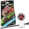 Opakowanie zabawki "Beyblade X" z grafiką przedstawiającą wirujący bączek oraz tekstem "LET IT RIP!" i "SCYTHE INCENDIO 4-60T". Obok opakowania znajdują się elementy zestawu: bączek, wyrzutnia i czarny pręt.